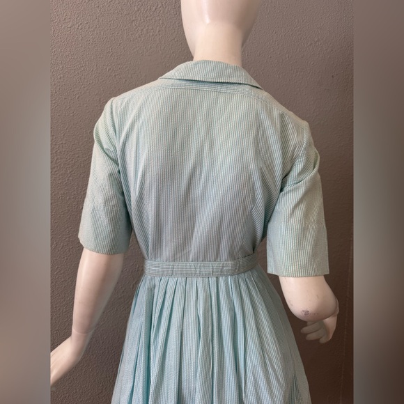 Vintage 50s Blue Striped Button Belt Fit & Flare Shirtwaist Day Dress S - Picture 14 of 15